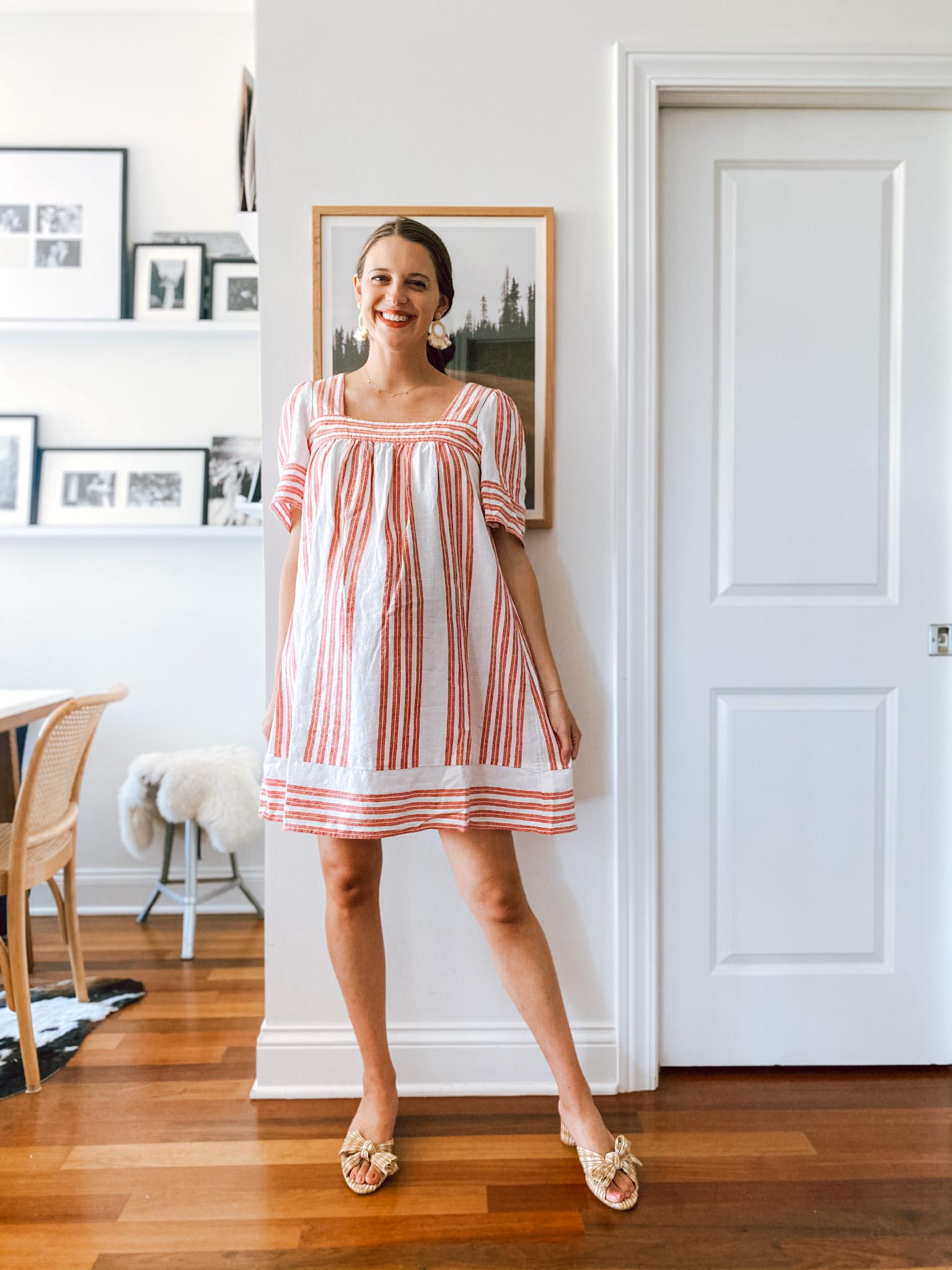 striped shift dress and heels striped shift dress and heels