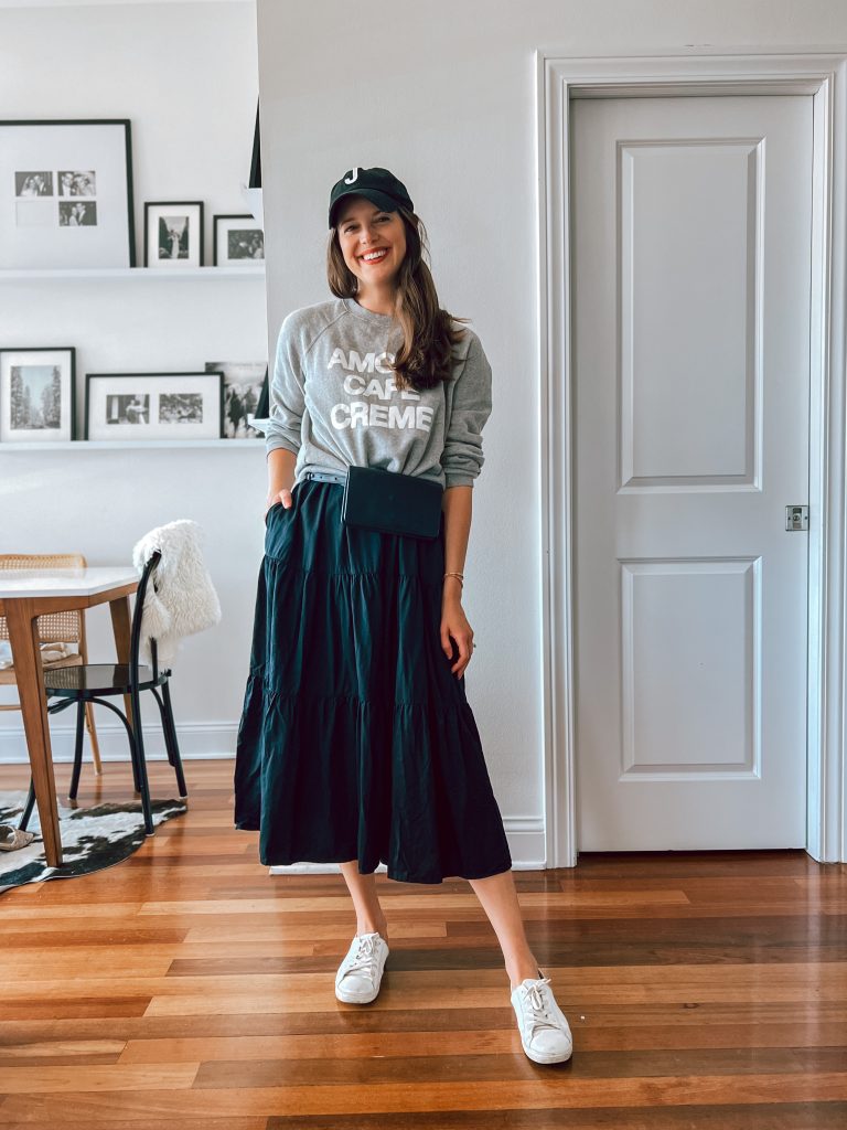 sweatshirt and maxi dress outfit How to Wear a Black Maxi Dress in Summer