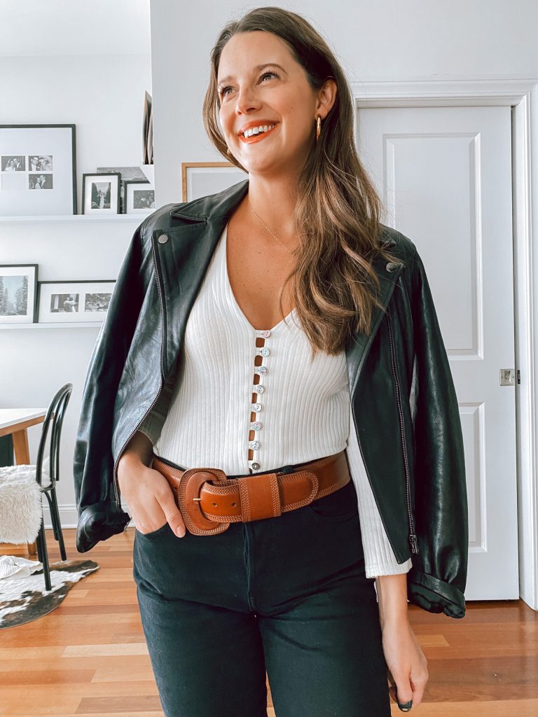white top and leather jacket white top and leather jacket
