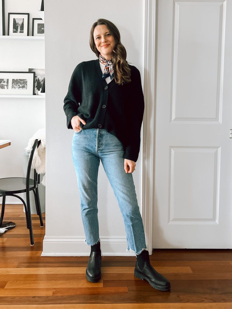 Quince cashmere boyfriend cardigan Black cardigan outfit with jeans and lug sole boots. Plus, my Quince cashmere boyfriend cardigan review