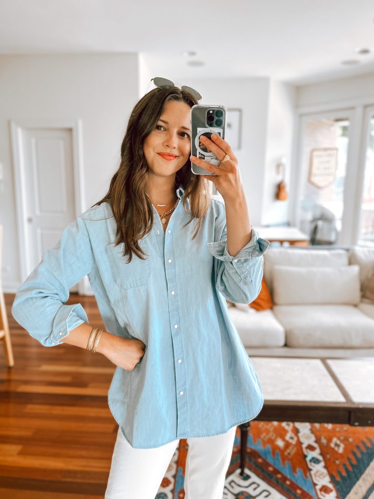 oversized denim shirt What to wear with an oversized denim shirt